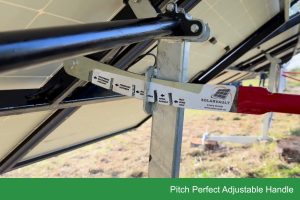 Angled Ground Mounted PV system showing the adjustable handle on the back of the setup - Ground Solar Panel System